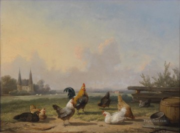 Fowl Painting - Cornelius van Leemputten Huhner vor einer weiten Landschaft